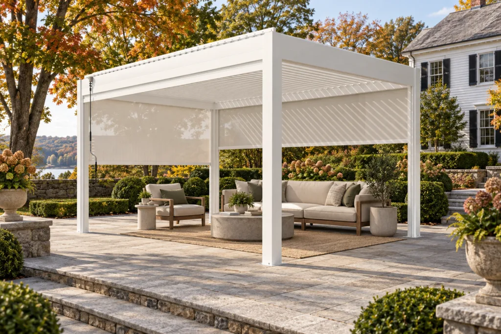 White screened META LIFESTYLE motorized pergola on a Connecticut granite terrace