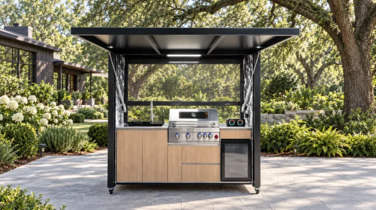 Complete open META LIFESTYLE kitchen with grill, sink and refrigerator on a Southern oak garden patio