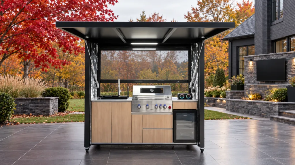 Complete open META LIFESTYLE outdoor kitchen in an autumn game-day backyard with outdoor television