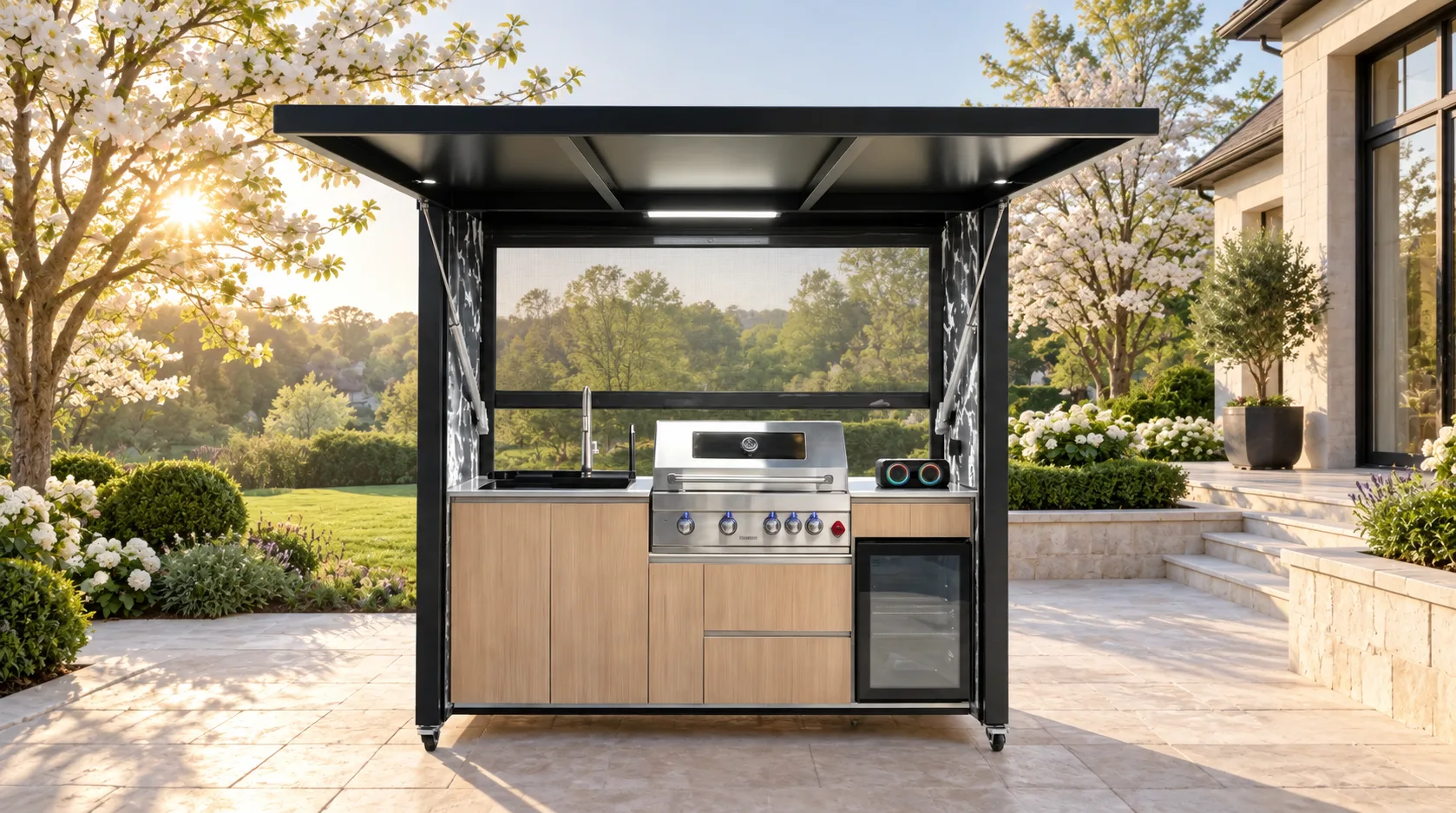 Complete open META LIFESTYLE outdoor kitchen on a luxury American breakfast terrace at sunrise