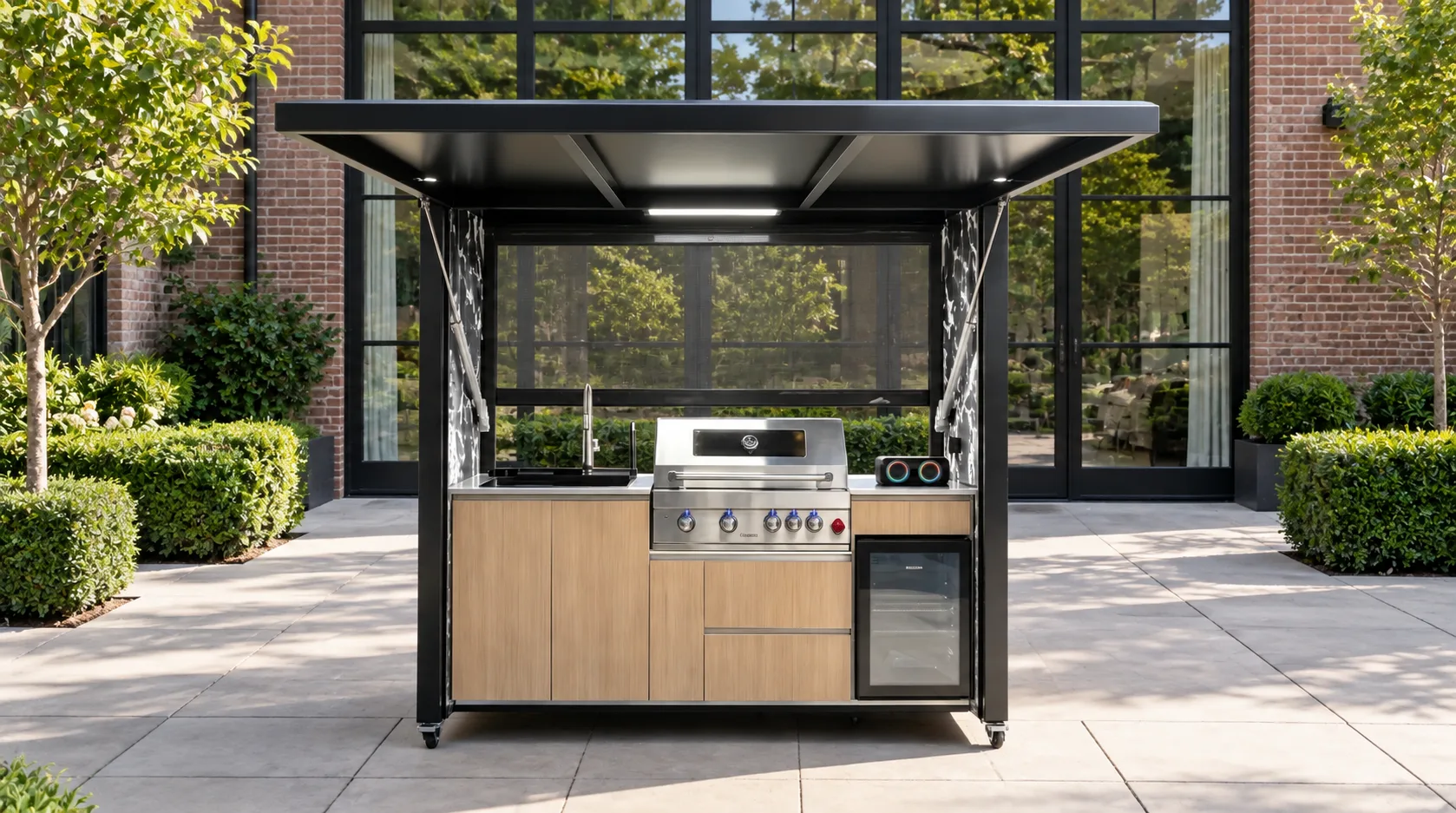 Complete open META LIFESTYLE outdoor kitchen in a contemporary brick courtyard