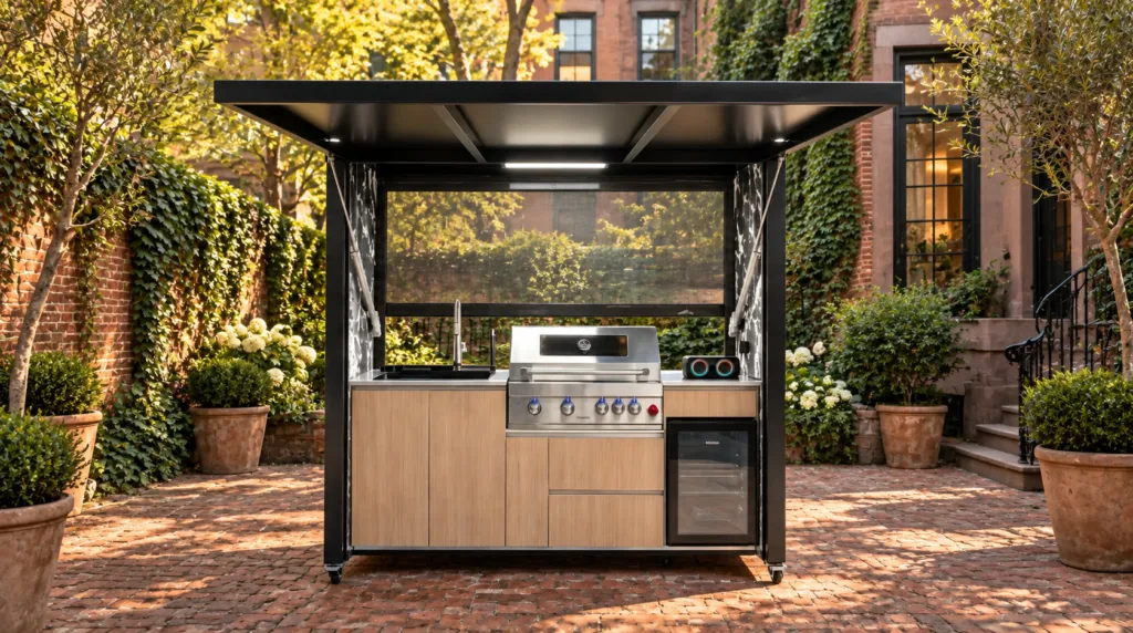Complete open META LIFESTYLE outdoor kitchen in a narrow brick urban courtyard