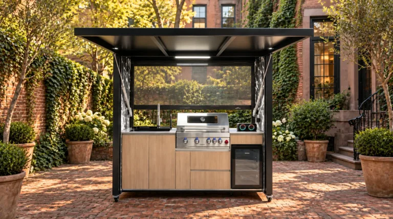 Complete open META LIFESTYLE outdoor kitchen in a narrow brick urban courtyard