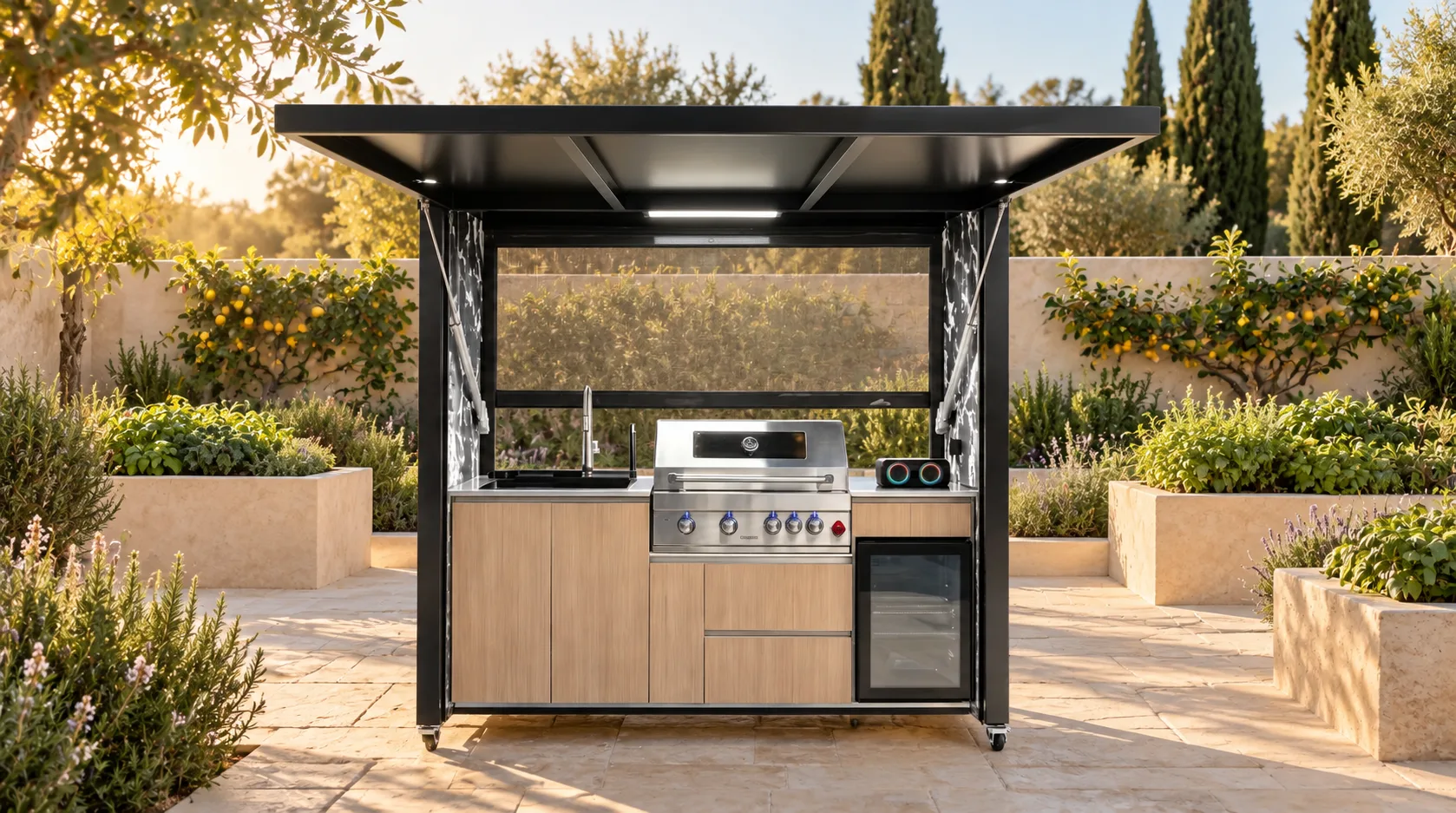 Complete open META LIFESTYLE outdoor kitchen beside raised herb and vegetable beds