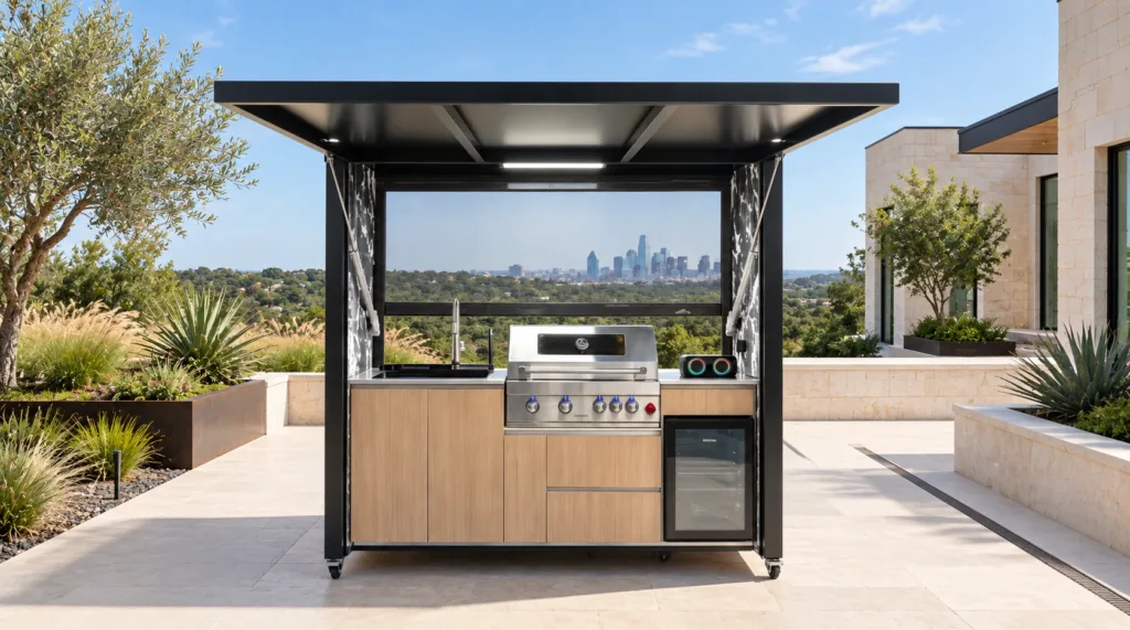 Complete open META LIFESTYLE outdoor kitchen on an engineered terrace in a Dallas landscape