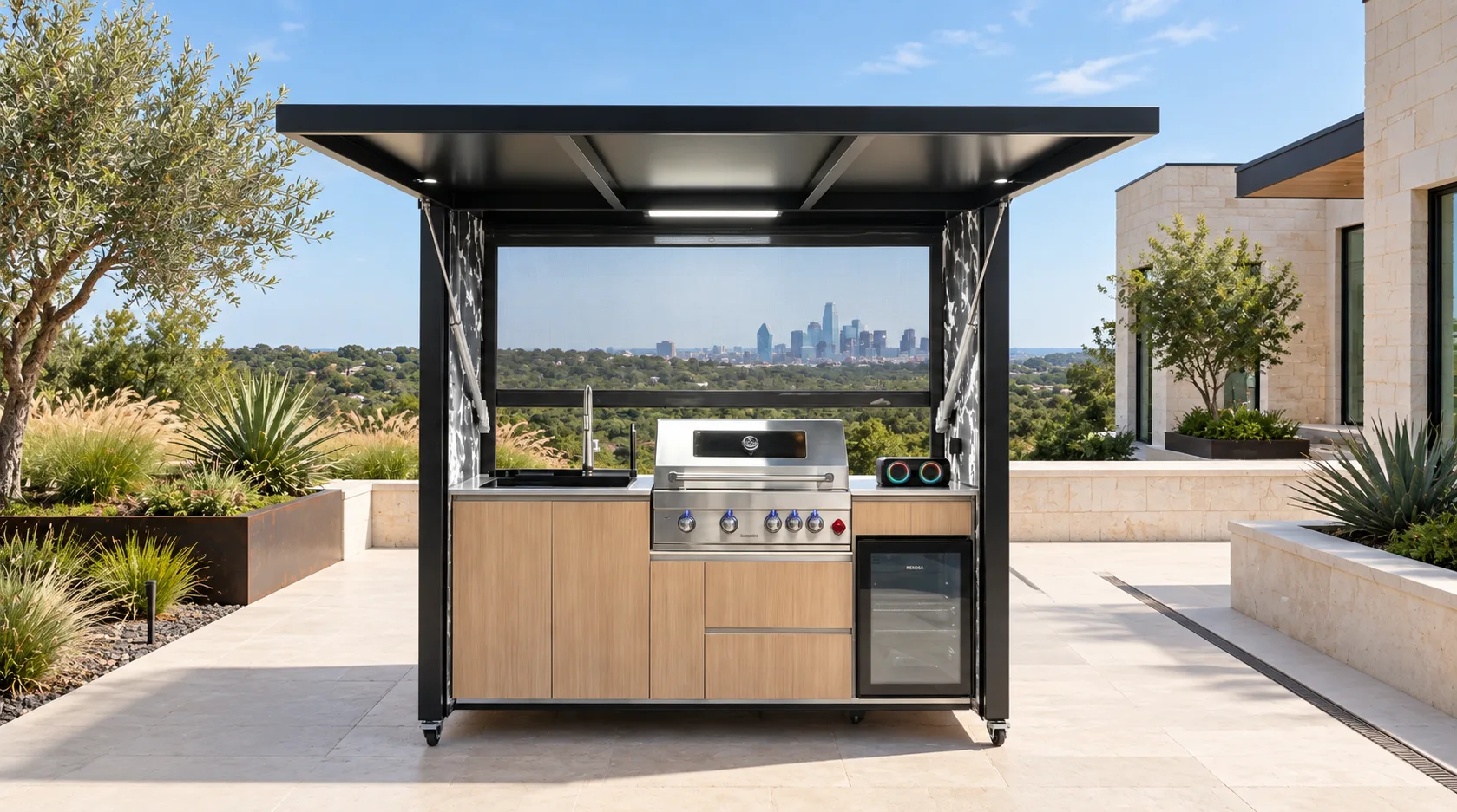 Complete open META LIFESTYLE outdoor kitchen on an engineered terrace in a Dallas landscape