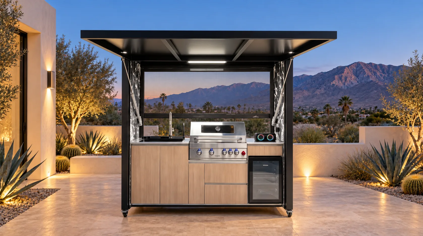 Complete open META LIFESTYLE outdoor kitchen in a premium desert-modern courtyard at blue hour