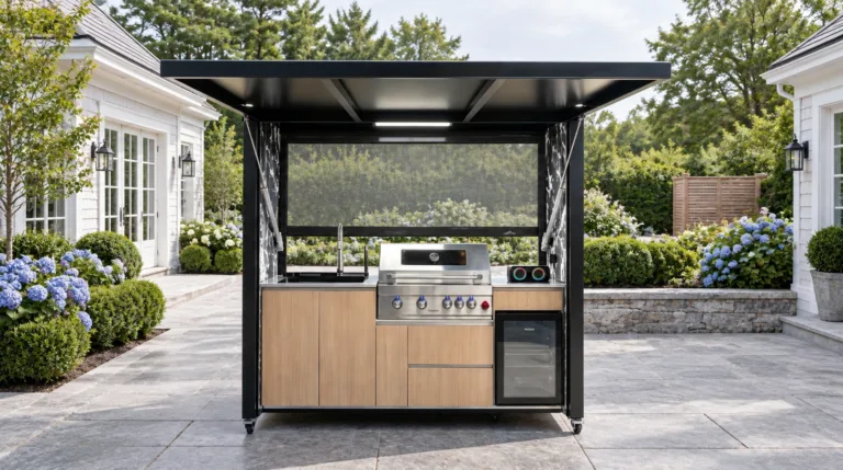 Complete open META LIFESTYLE outdoor kitchen in a New England pool-house service courtyard