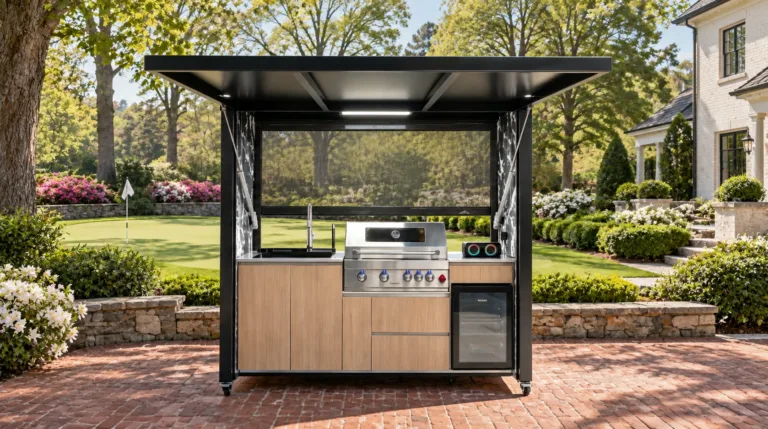 Complete open META LIFESTYLE outdoor kitchen beside a premium backyard putting green