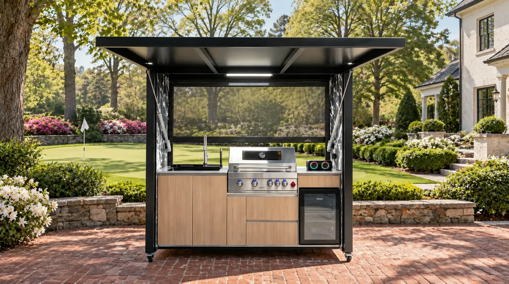 Complete open META LIFESTYLE outdoor kitchen beside a premium backyard putting green