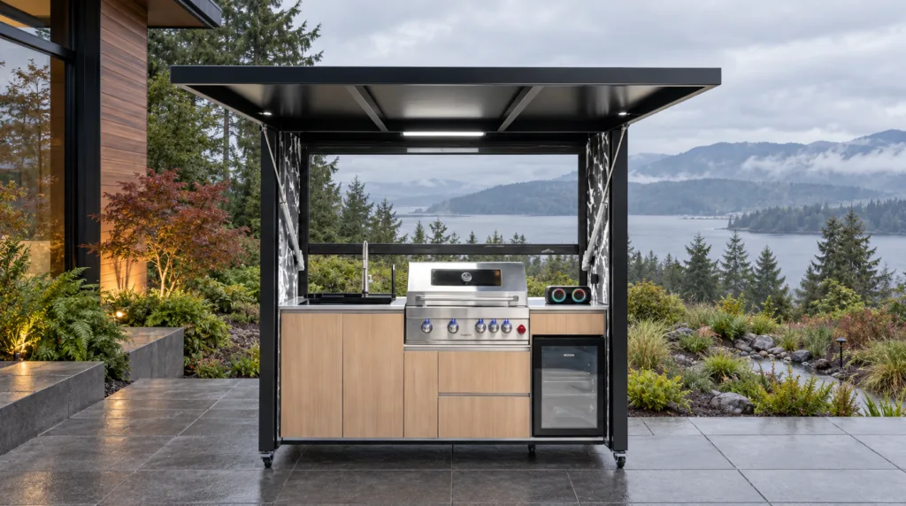 Complete open META LIFESTYLE outdoor kitchen on a drained patio near a landscaped rain garden