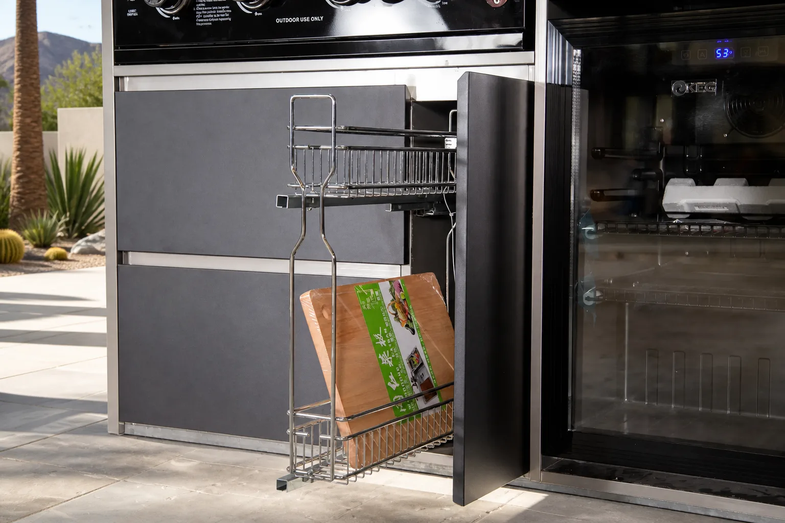 Luxury outdoor kitchen storage detail beside a spacious Palm Springs patio aisle