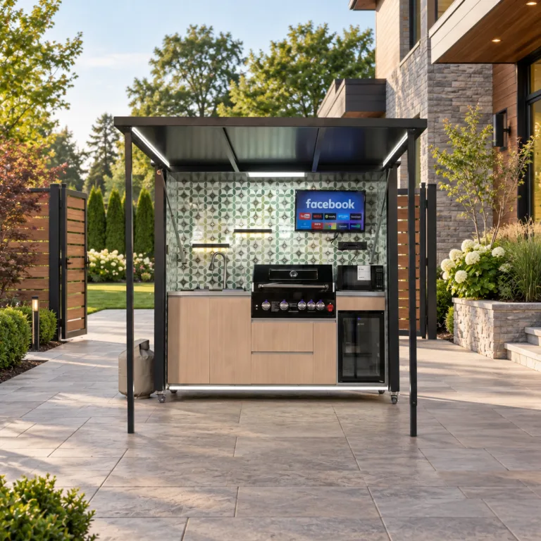 META LIFESTYLE outdoor kitchen beside a wide paved side-yard delivery gate