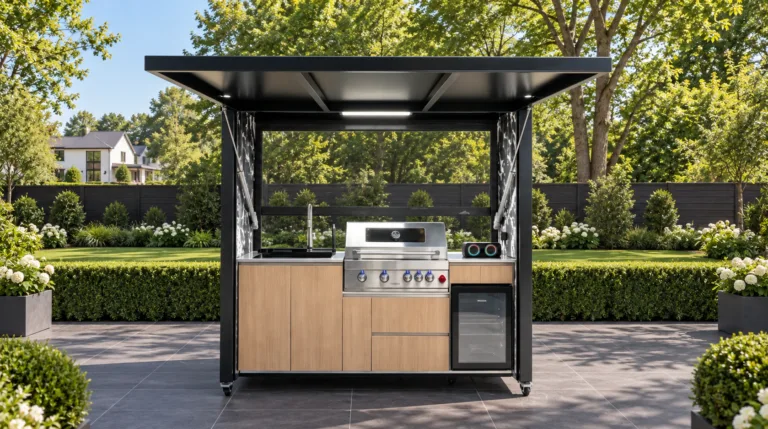 Open outdoor kitchen on a charcoal paver patio at the end of a landscaped backyard