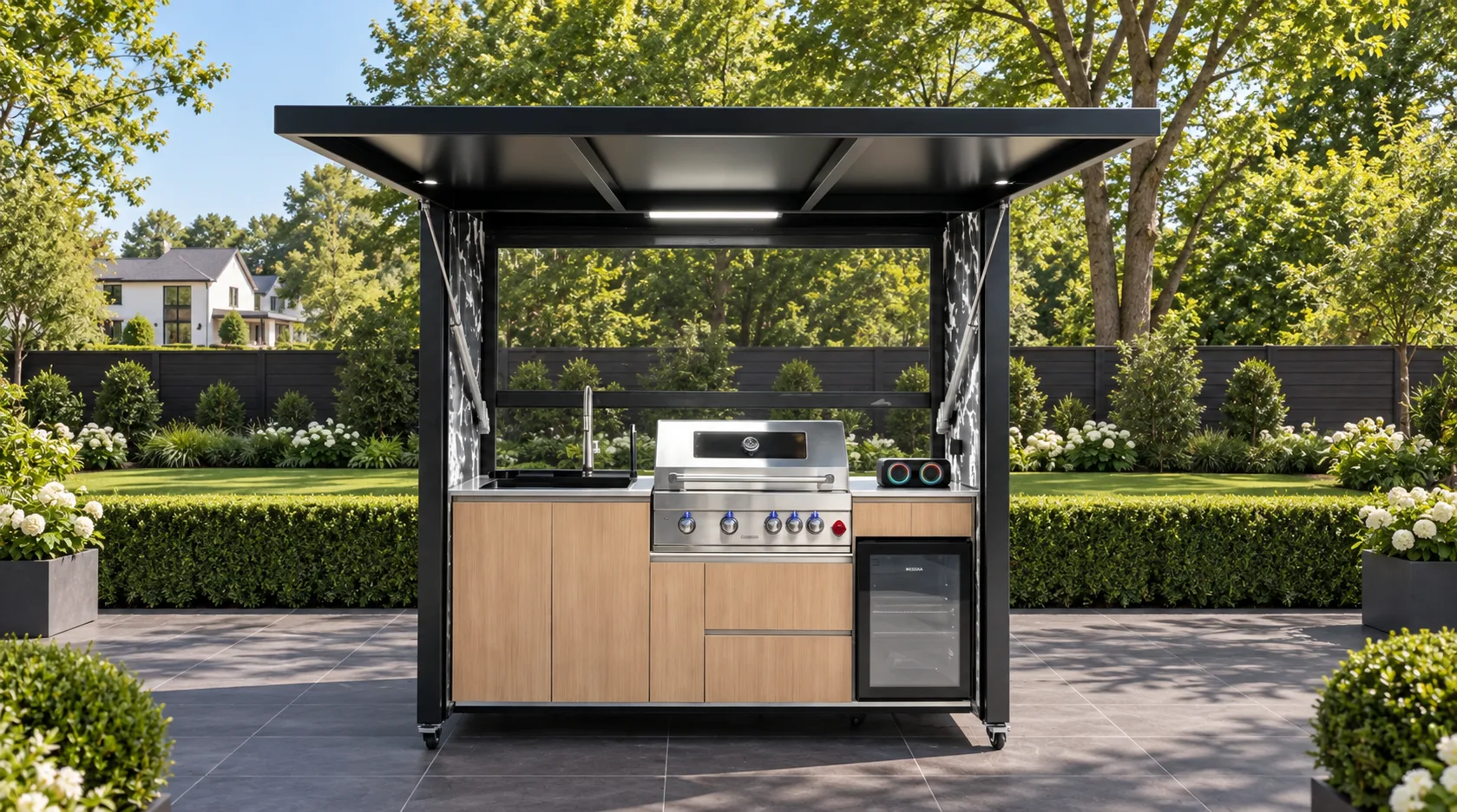 Open outdoor kitchen on a charcoal paver patio at the end of a landscaped backyard