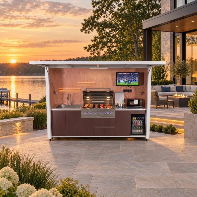 META LIFESTYLE outdoor kitchen with guest seating separated from the cooking zone