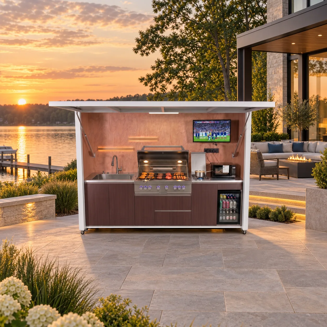 META LIFESTYLE outdoor kitchen with guest seating separated from the cooking zone