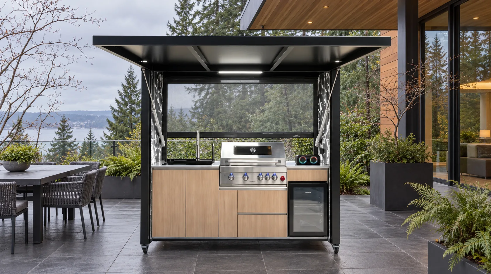 Complete open META LIFESTYLE outdoor kitchen on a Seattle garden terrace in late fall
