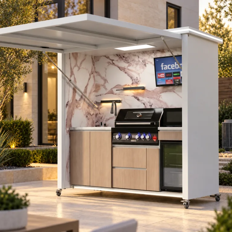 White META LIFESTYLE outdoor kitchen with HVAC equipment in a separate service zone
