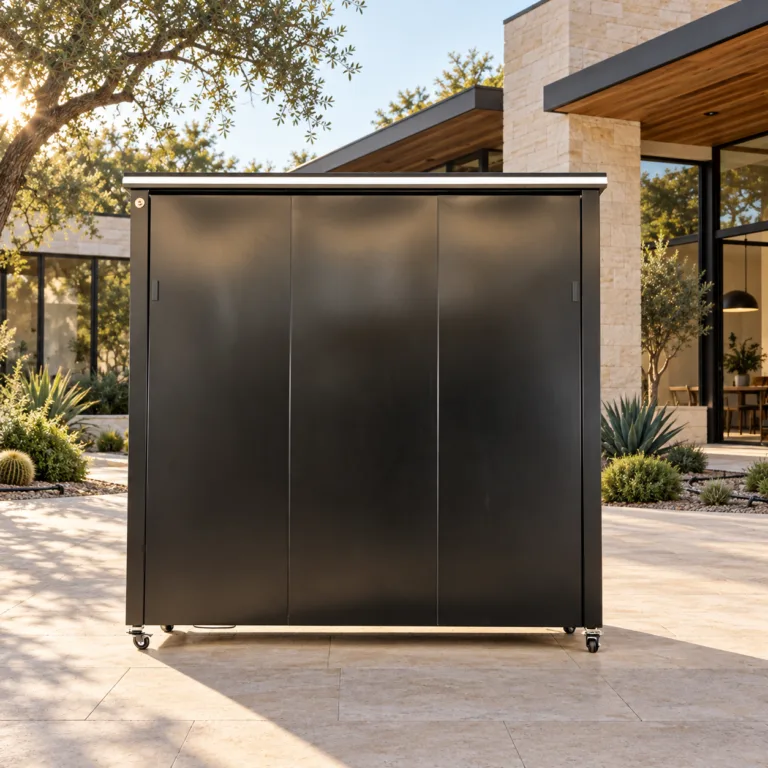Closed META LIFESTYLE outdoor kitchen in a spray-free Austin courtyard
