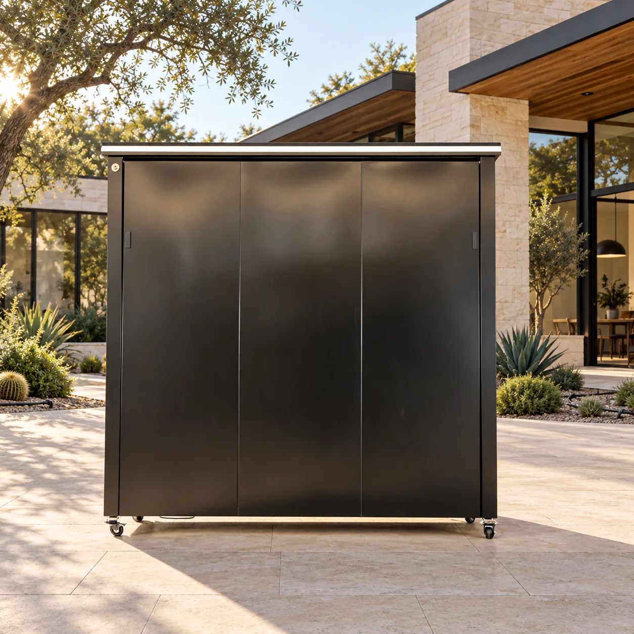 Closed META LIFESTYLE outdoor kitchen in a spray-free Austin courtyard