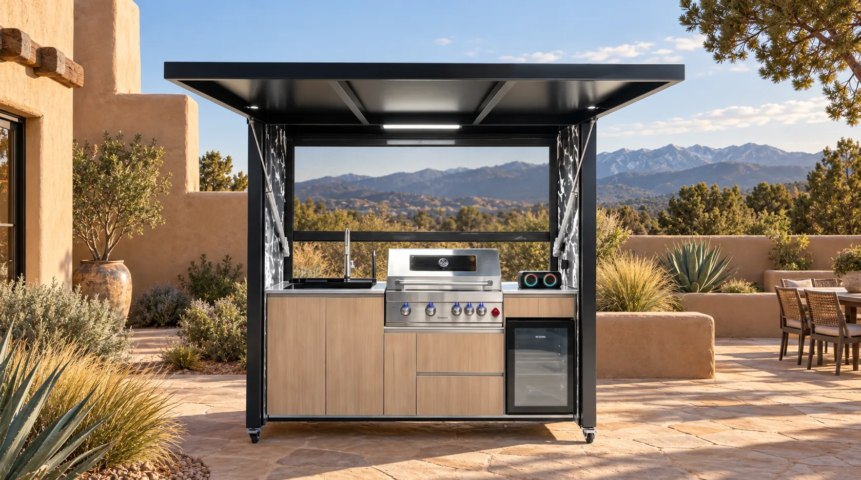 Complete open META LIFESTYLE outdoor kitchen in a Santa Fe adobe courtyard