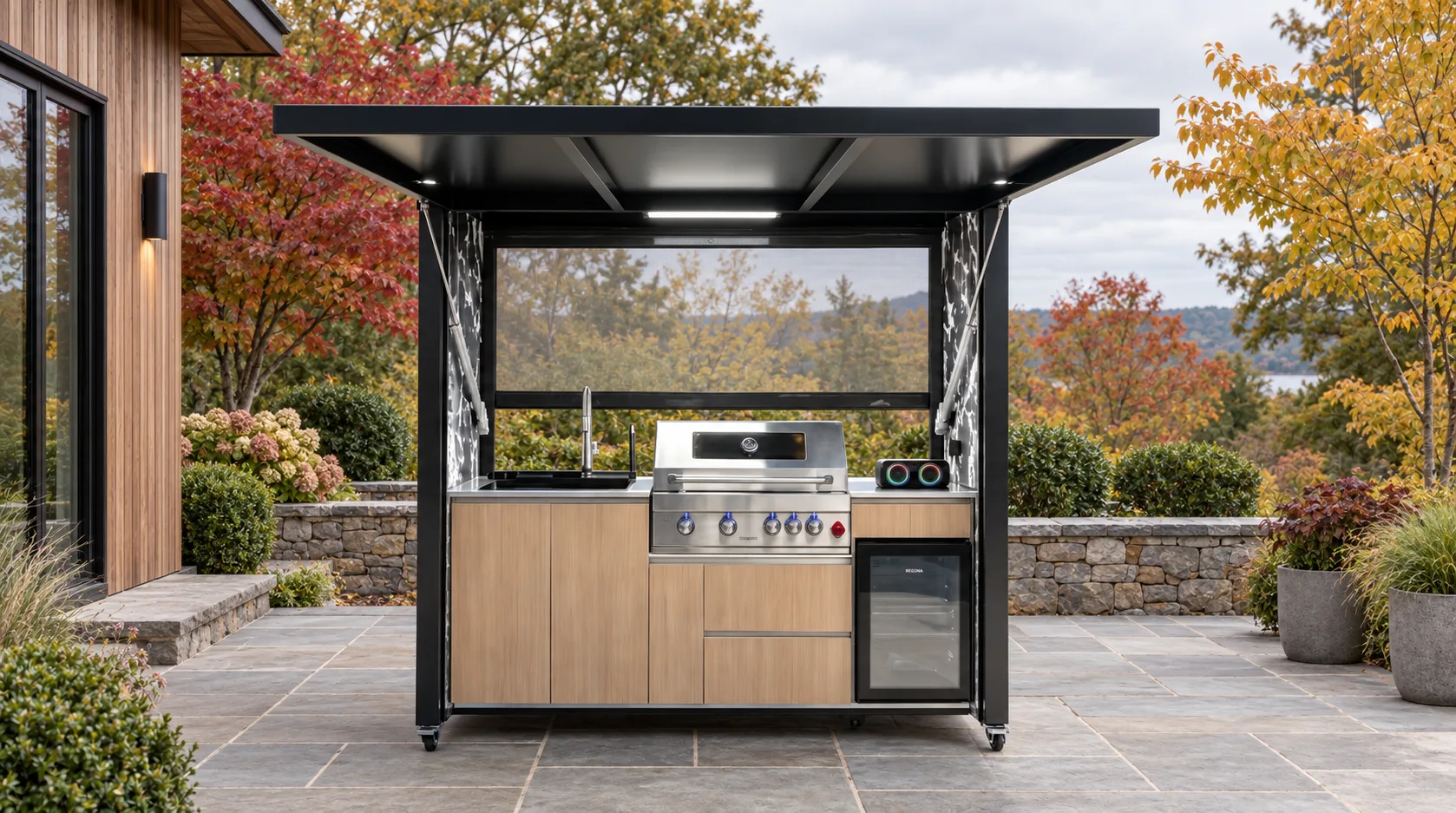 Complete open META LIFESTYLE outdoor kitchen on a New England terrace in autumn