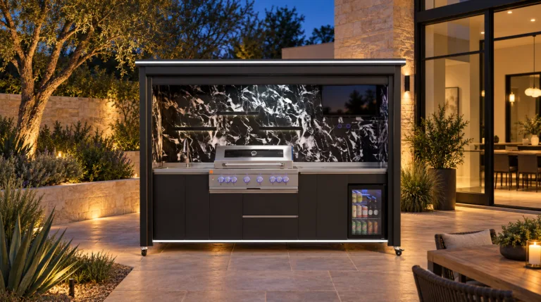 META LIFESTYLE outdoor kitchen with sink, grill, prep space and refrigerator arranged for efficient workflow