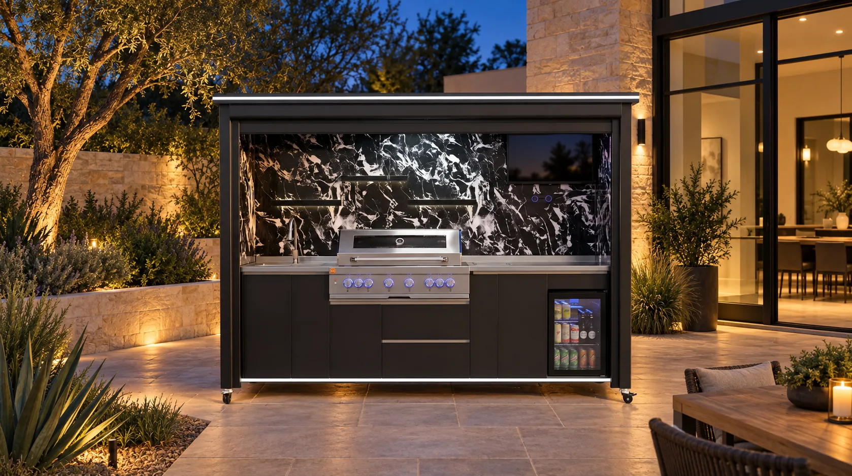 META LIFESTYLE outdoor kitchen with sink, grill, prep space and refrigerator arranged for efficient workflow