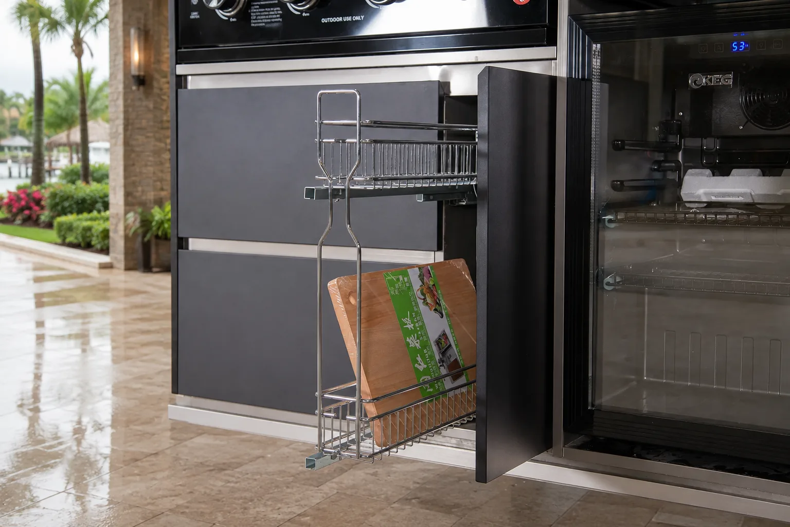 Outdoor kitchen pull-out storage and refrigerator in a covered Florida patio after rain