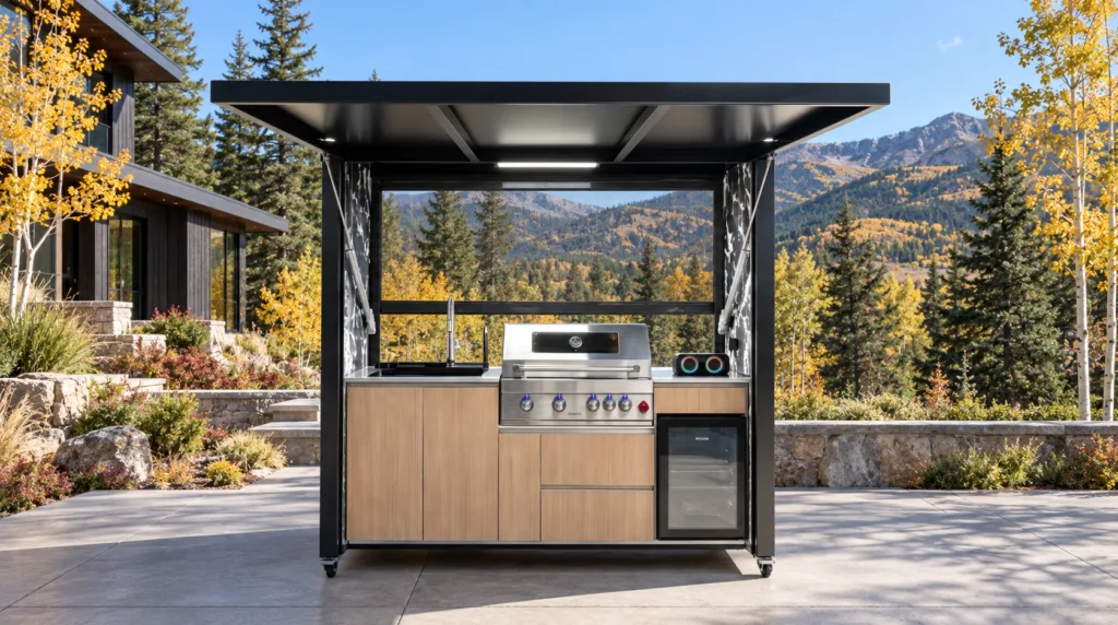Complete open META LIFESTYLE outdoor kitchen with raised canopy, sink, grill, cabinets and refrigerator on an autumn mountain patio