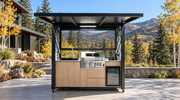 Complete open META LIFESTYLE outdoor kitchen with raised canopy, sink, grill, cabinets and refrigerator on an autumn mountain patio