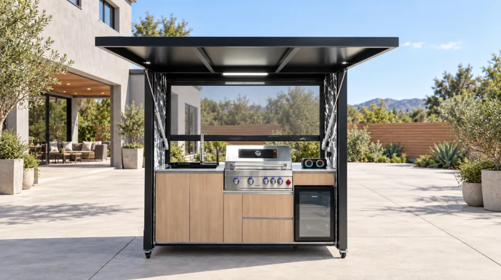 Complete open outdoor kitchen in an uncovered courtyard with a covered seating porch in the background