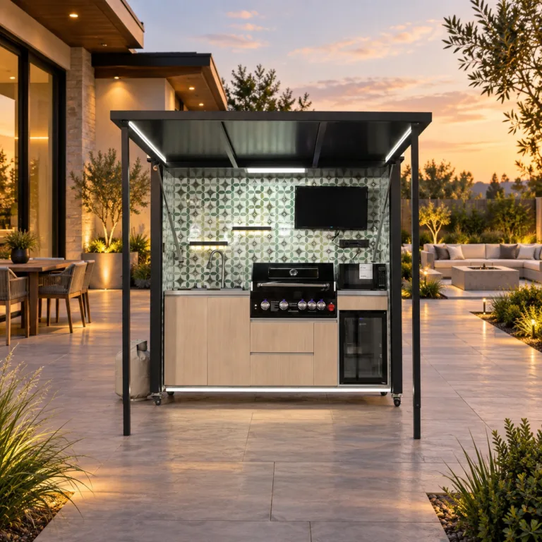 Complete open outdoor kitchen centered on a luxury patio with an unlit fire-pit lounge in the distance