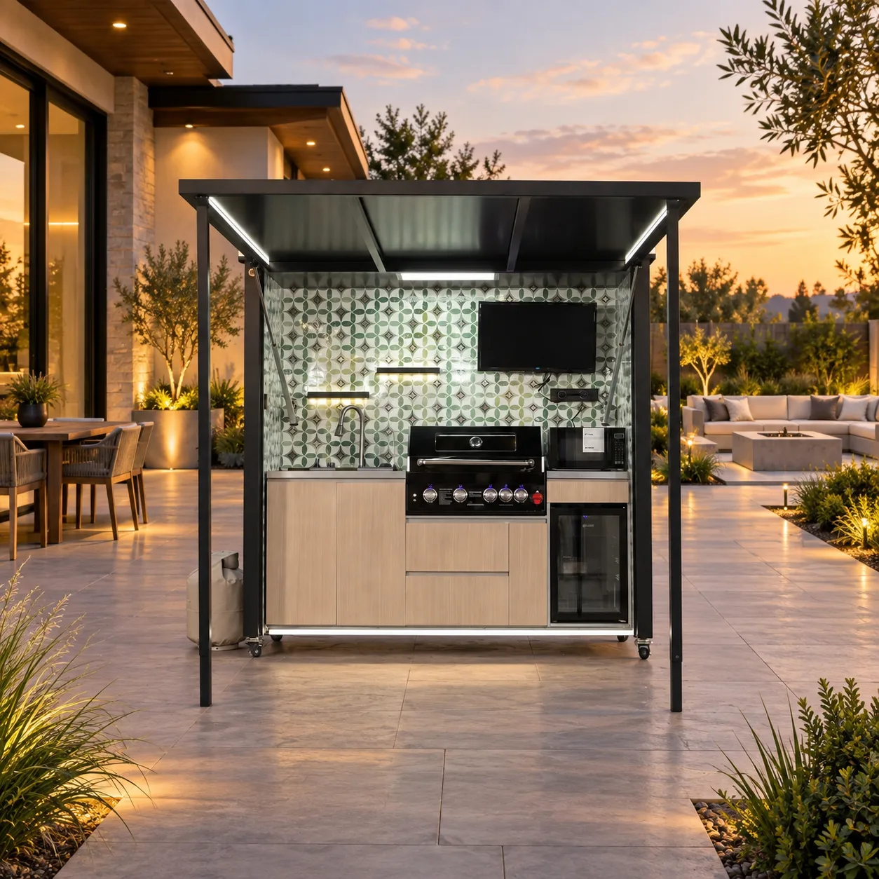 Complete open outdoor kitchen centered on a luxury patio with an unlit fire-pit lounge in the distance