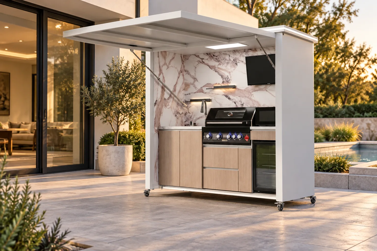 Complete open white outdoor kitchen on a luxury patio with sliding glass doors offset to the side