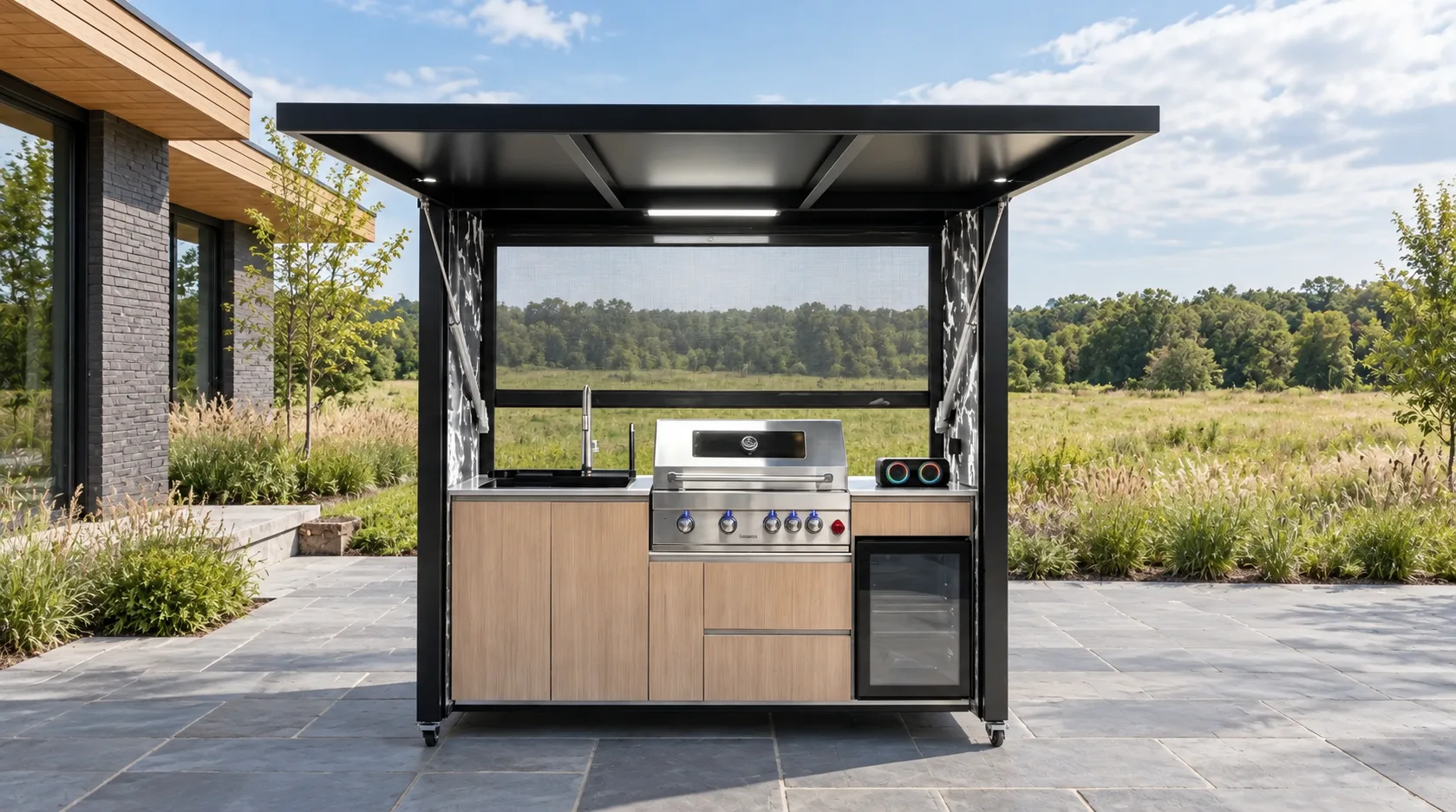 Open outdoor kitchen on a blue-gray patio beside a contemporary prairie-style home