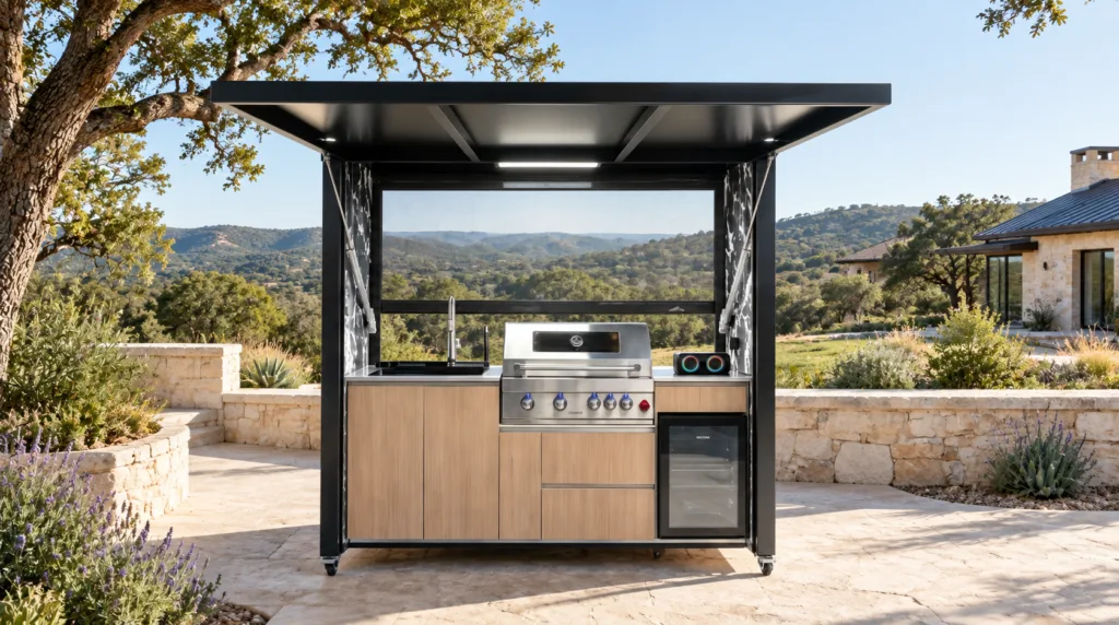 Complete open META LIFESTYLE outdoor kitchen on a Texas Hill Country limestone terrace