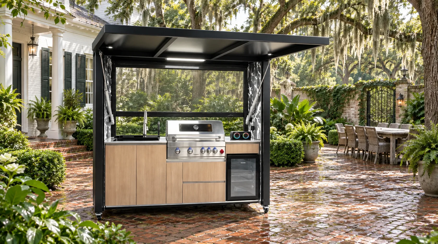 Complete open META LIFESTYLE outdoor kitchen in a Louisiana brick garden courtyard