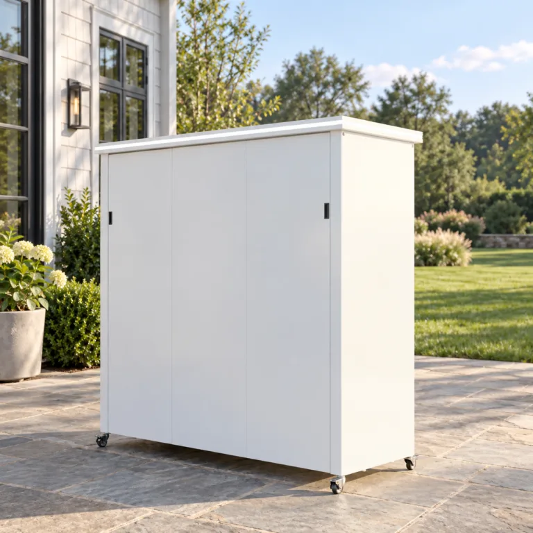 Closed white META LIFESTYLE outdoor kitchen on a country-estate stone patio