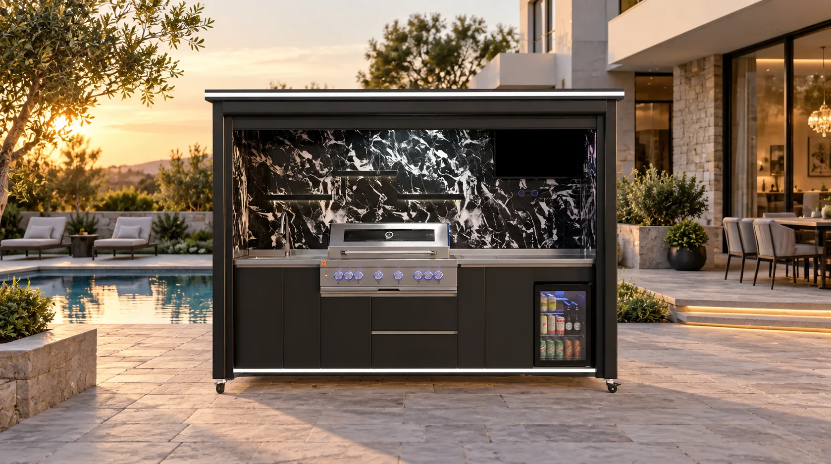 Complete open black outdoor kitchen on a spacious luxury patio with clear access around both sides