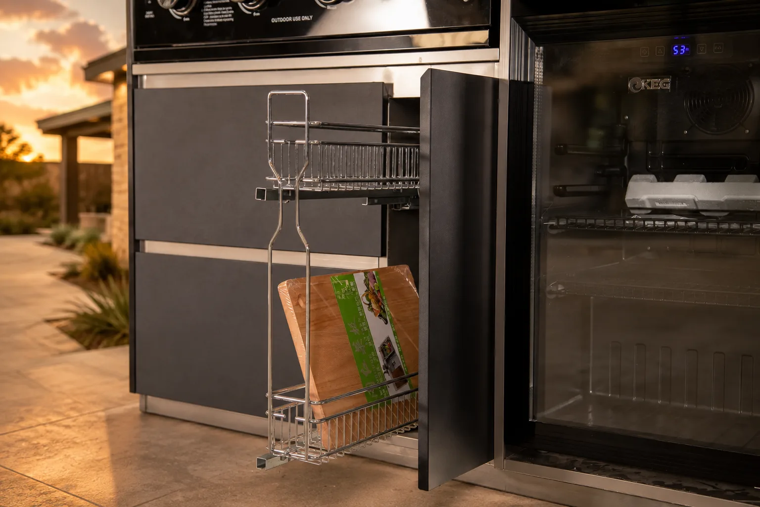 Premium outdoor kitchen storage and refrigerator in a spacious Texas patio at sunset