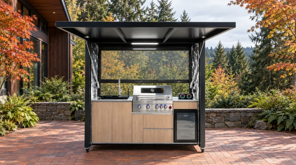Open outdoor kitchen on a brick patio beside an autumn woodland garden