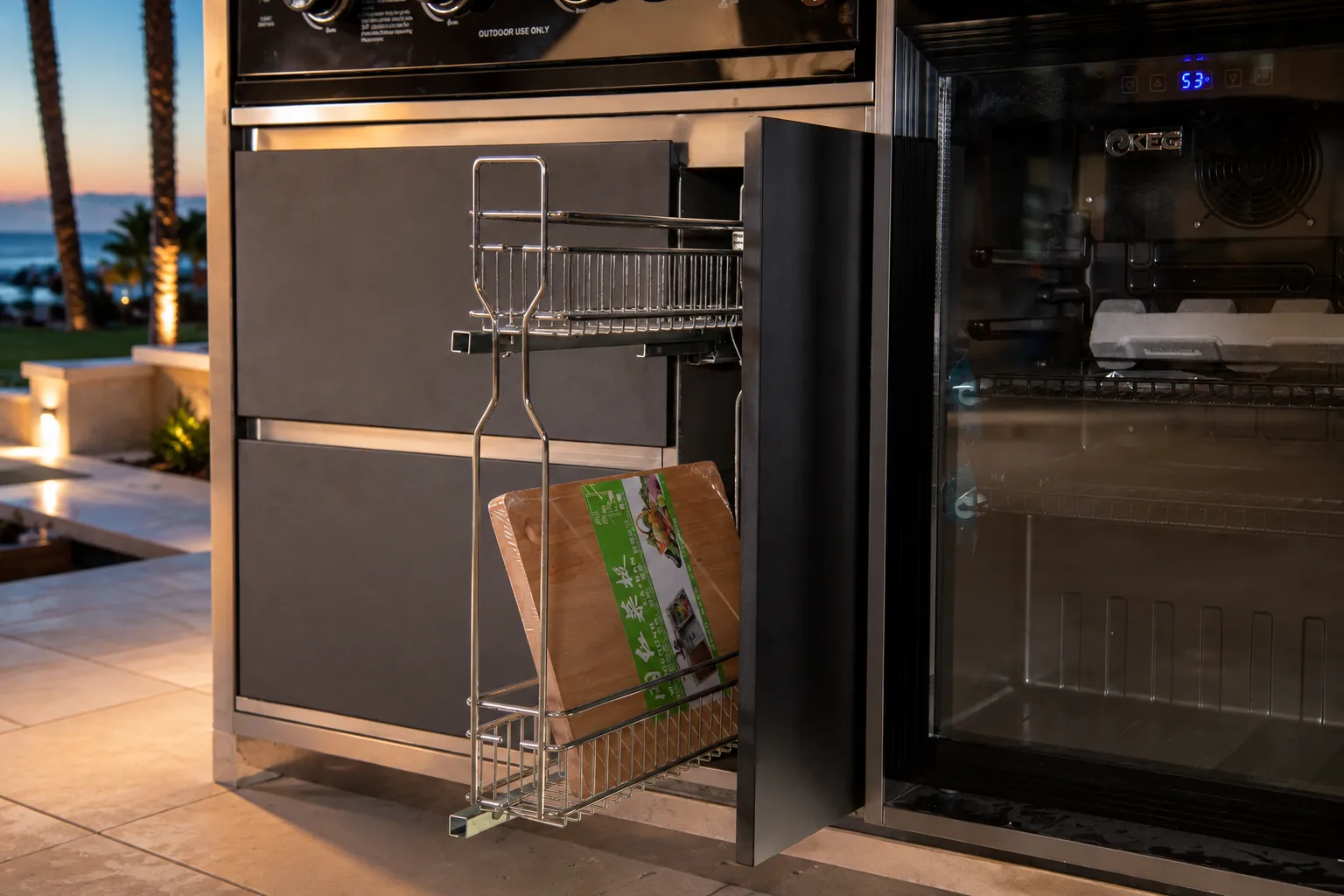 Premium coastal outdoor kitchen with pull-out prep storage and refrigerator