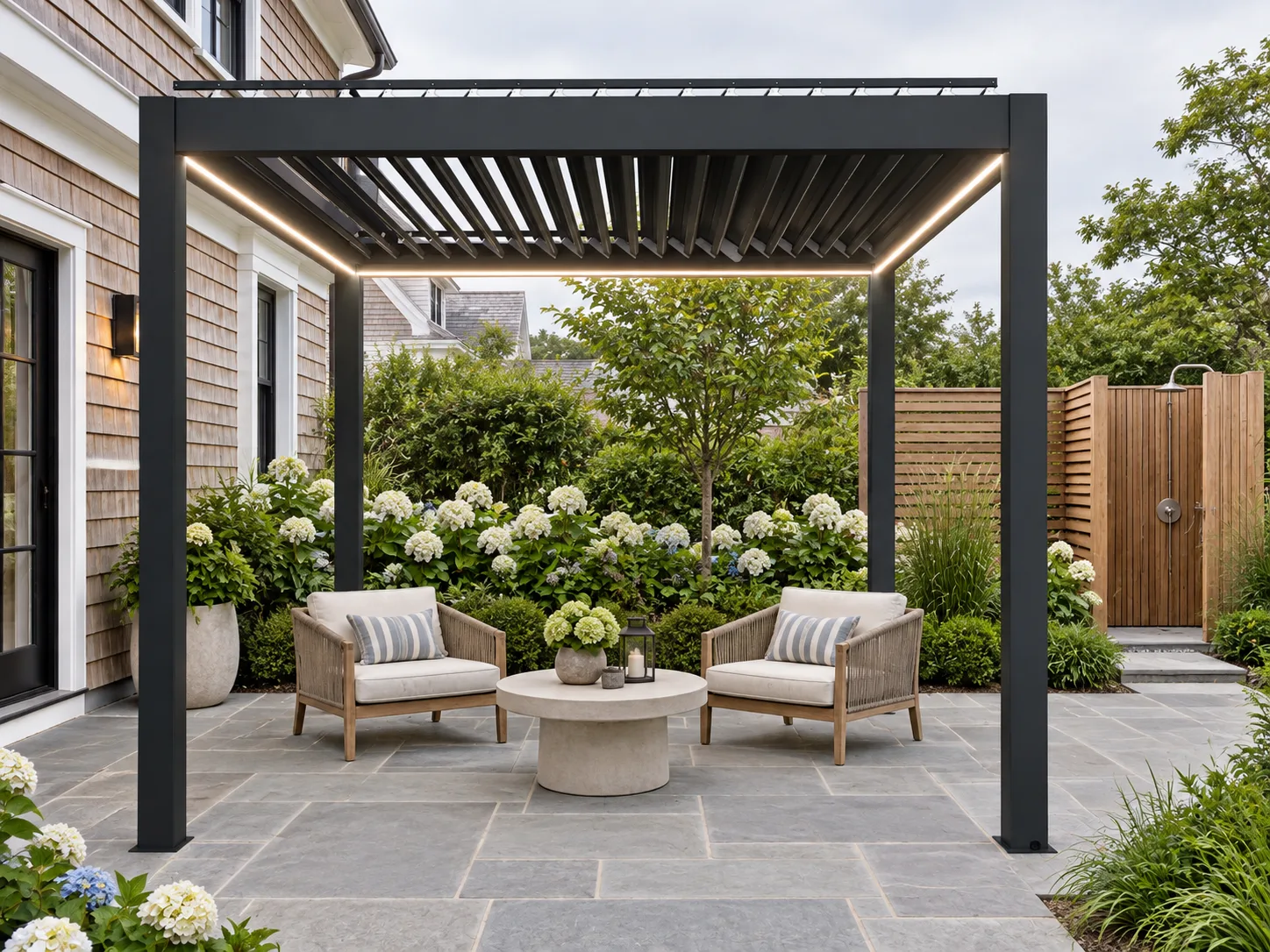 Dark META LIFESTYLE motorized pergola beside an independent outdoor shower area