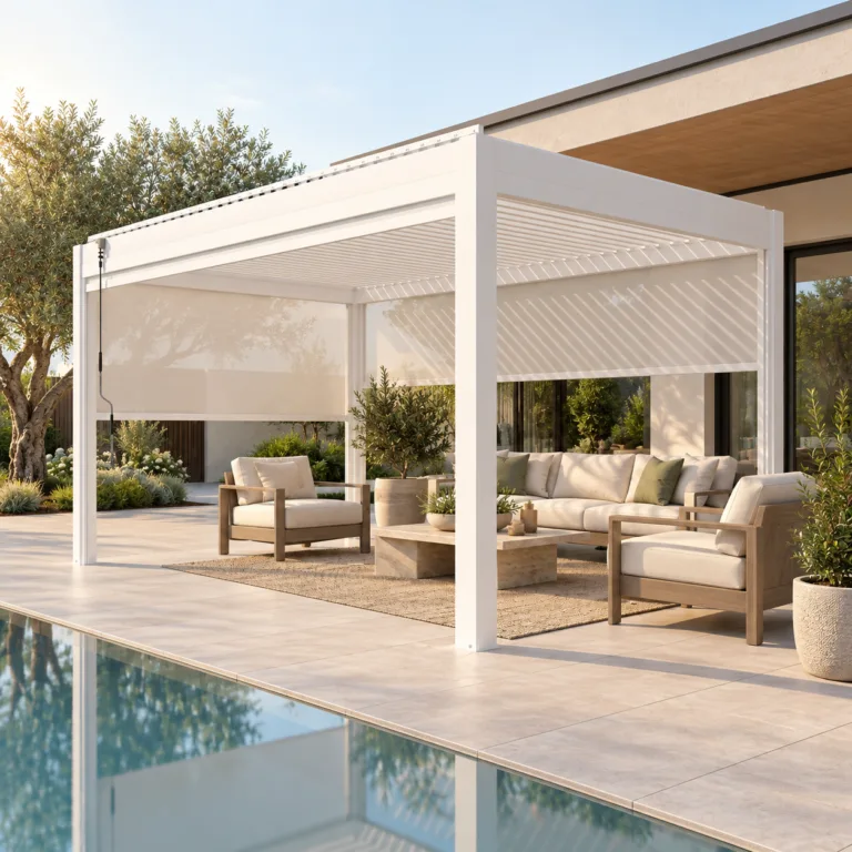 White META LIFESTYLE motorized pergola in an accessible luxury courtyard