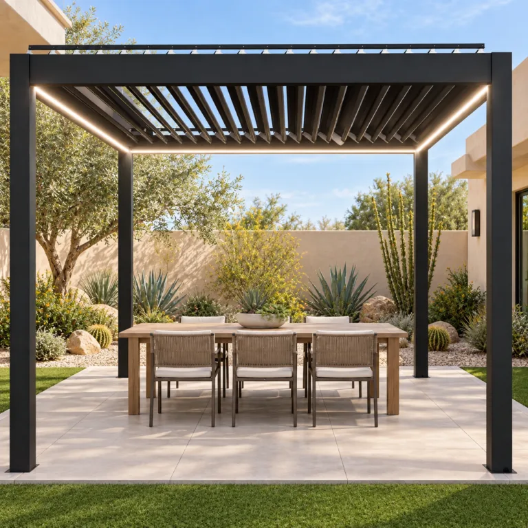 Black META LIFESTYLE motorized pergola on a porcelain-paver foundation beside artificial turf in a modern Southwest backyard