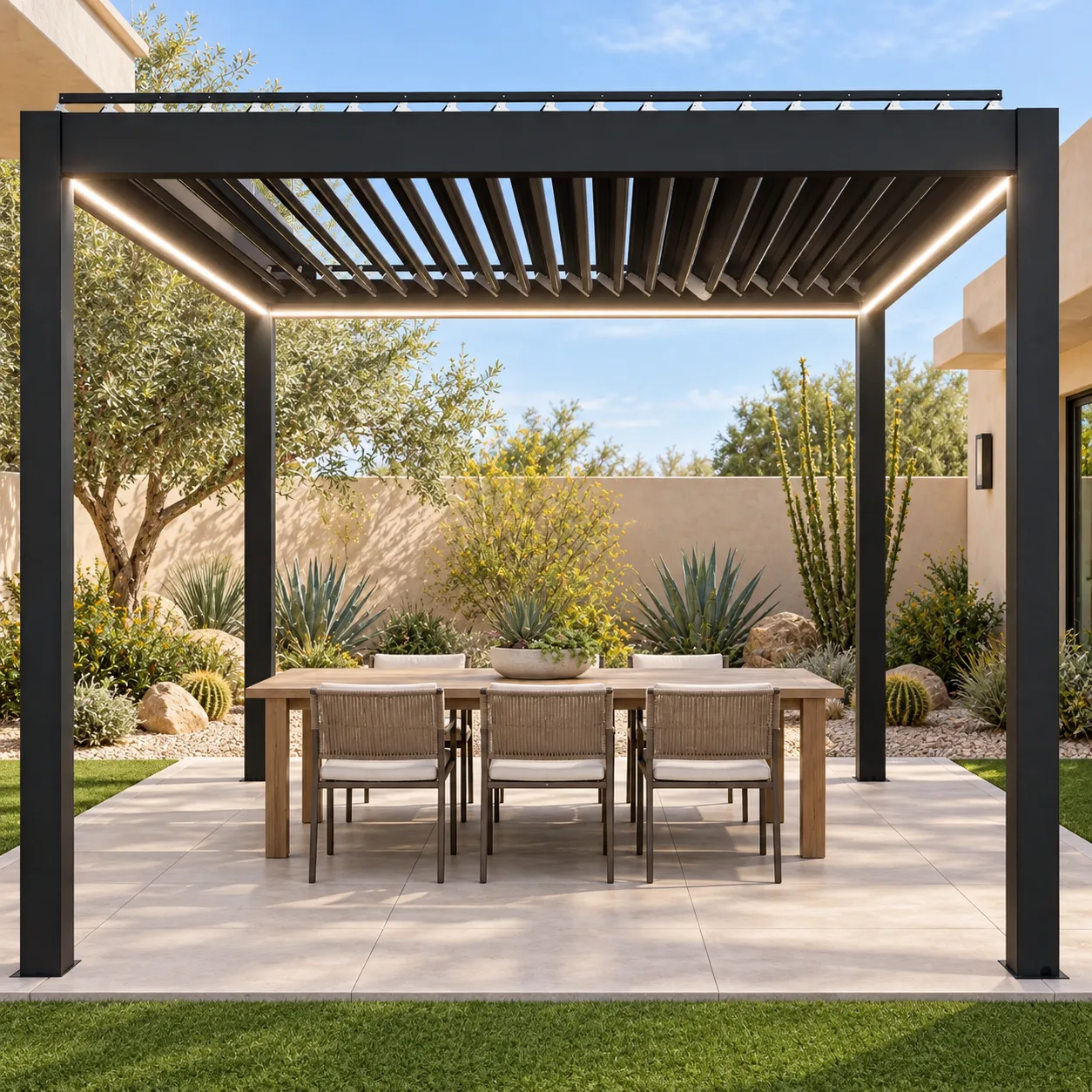 Black META LIFESTYLE motorized pergola on a porcelain-paver foundation beside artificial turf in a modern Southwest backyard