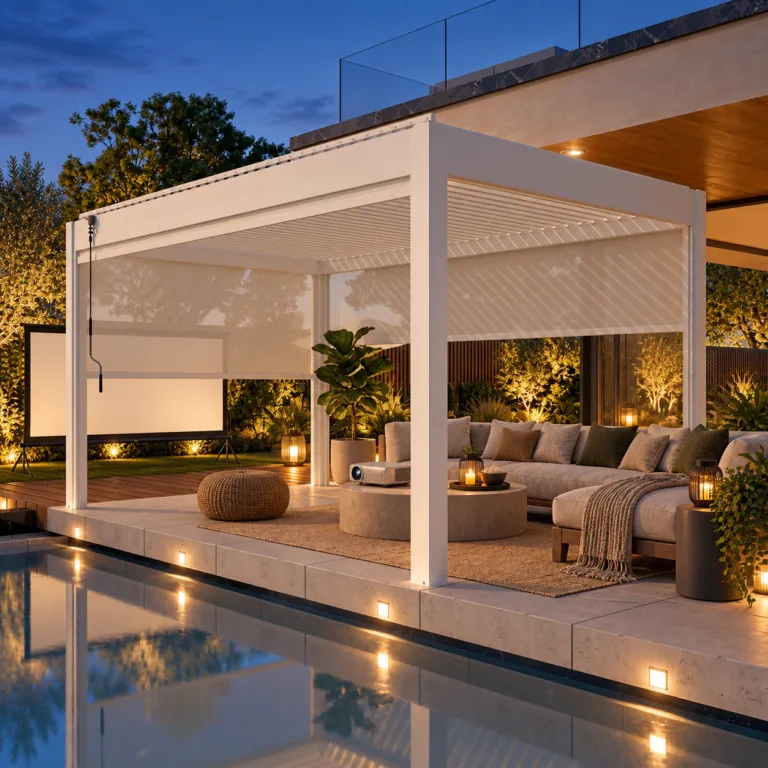 White META LIFESTYLE motorized pergola with an elegant backyard movie-night setup at blue hour