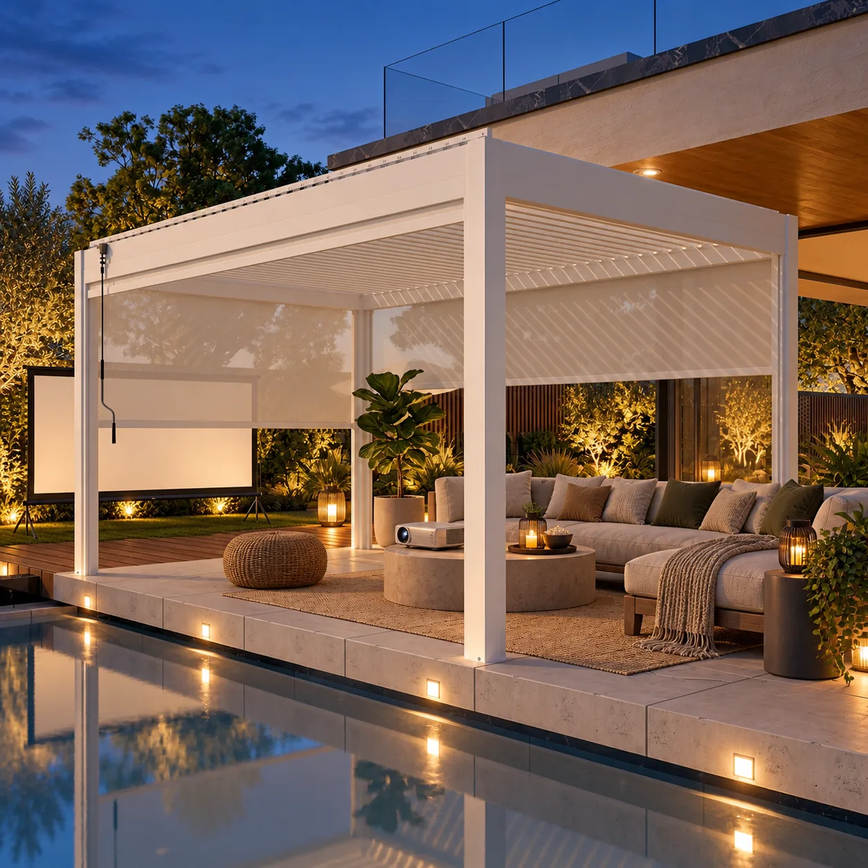 White META LIFESTYLE motorized pergola with an elegant backyard movie-night setup at blue hour